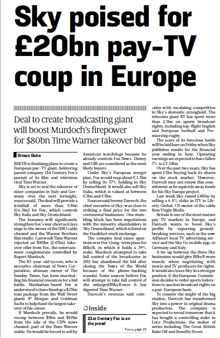 Focus - Murdoch accelera su Sky europea e guarda a Time Warner Focus - Murdoch accelera su Sky europea e guarda a Time Warner