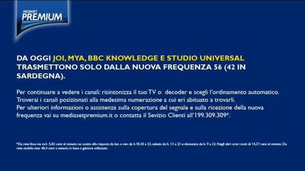 Joi, Mya, BBC Knowledge, Studio Universal da oggi solo sul mux Mediaset 5