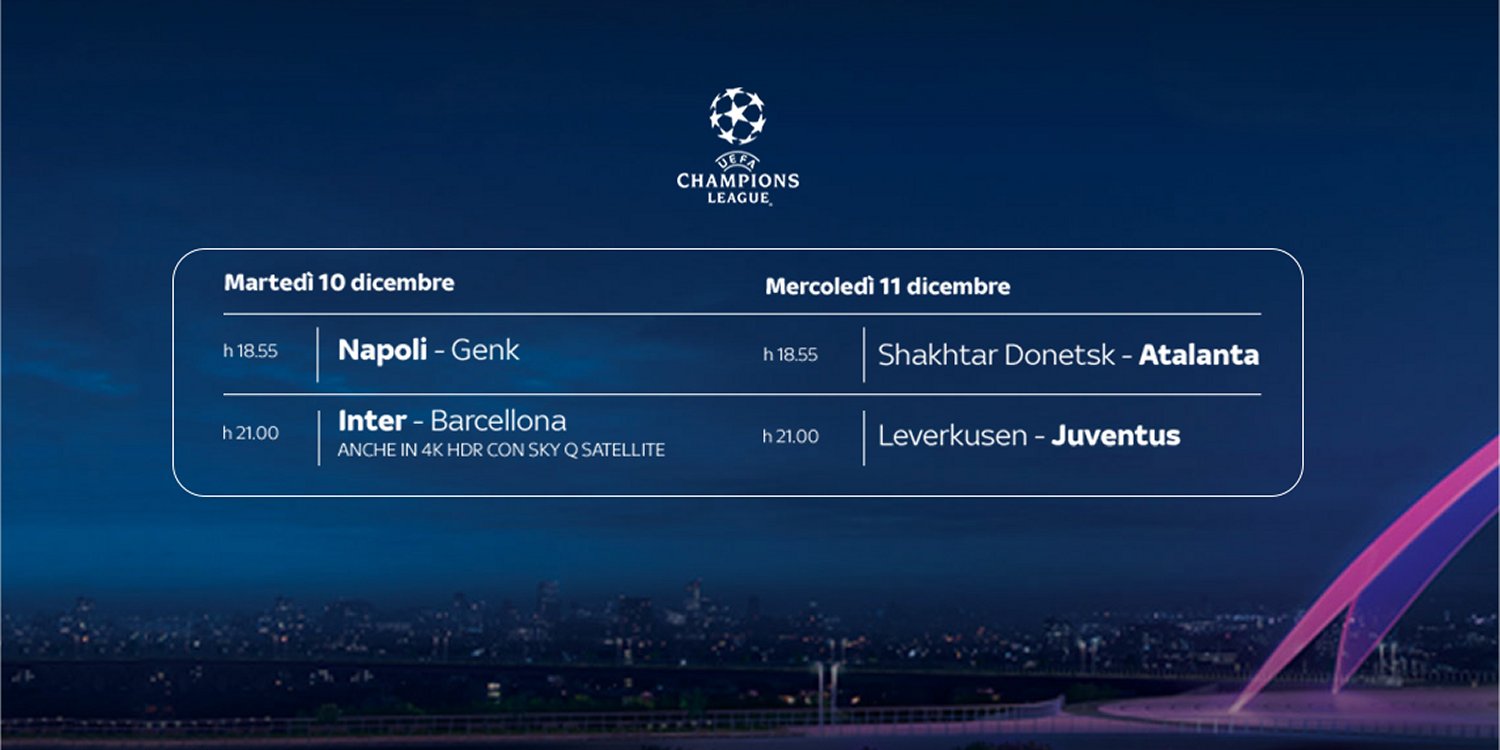 Sky Sport Diretta Champions #6, Palinsesto Telecronisti Juventus, Inter, Napoli, Atalanta