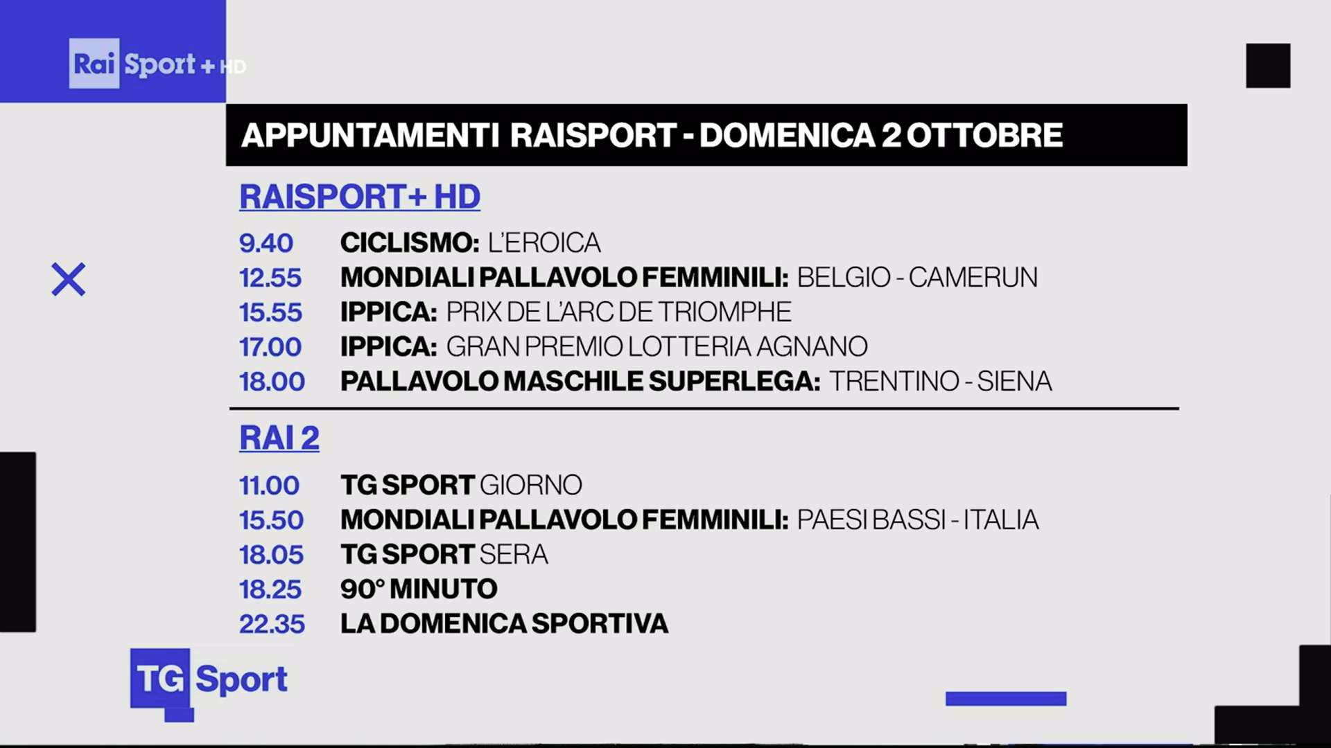 Domenica Rai Sport (Web e Play), 2 Ottobre 2022 | diretta Pallavolo Maschile e Femminile (Italia - Olanda)