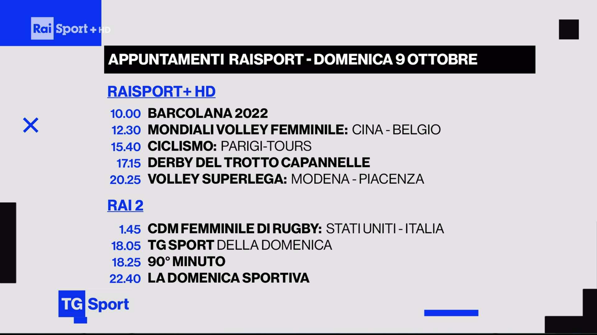 Domenica Rai Sport (Web e Play), 9 Ottobre 2022 | diretta Pallavolo Maschile e Femminile