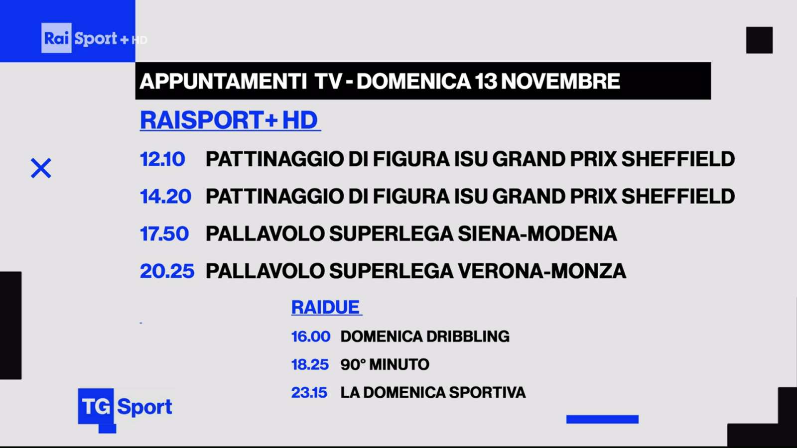 Domenica Rai Sport (Web e Play), 13 Novembre 2022 | diretta ATP Finals, Pattinaggio, Pallavolo