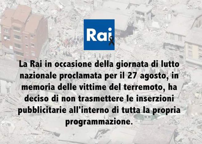 Immagine di Rai nel giorno di lutto nazionale per le vittime del terremoto sospende la pubblicità  - Scopri di più su Televisione