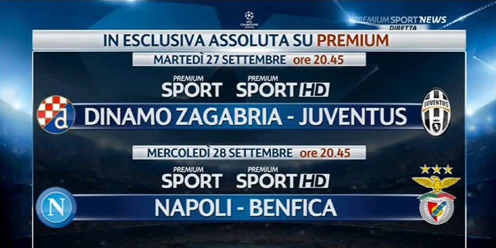 Foto - Champions, in esclusiva assoluta solo su Premium Dinamo Zagabria - Juventus e Napoli-Benfica 