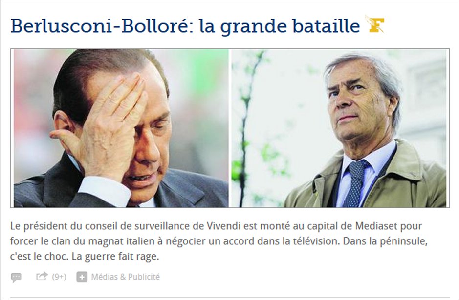 Visualizza: Le Figaro: «Berlusconi-Bolloré: la battaglia per Mediaset, uno scontro senza pietà» su Digital-News.it Immagine di Le Figaro: «Berlusconi-Bolloré: la battaglia per Mediaset, uno scontro senza pietà» - Scopri di più su Economia