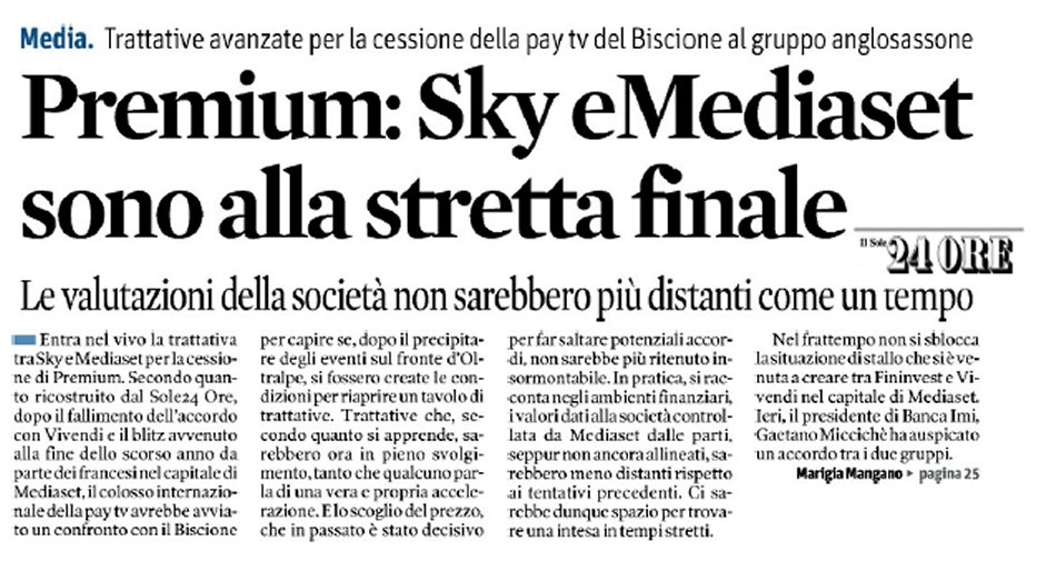 Sole 24 Ore, «Entra nel vivo la trattativa tra Sky e Mediaset per la cessione di Premium»