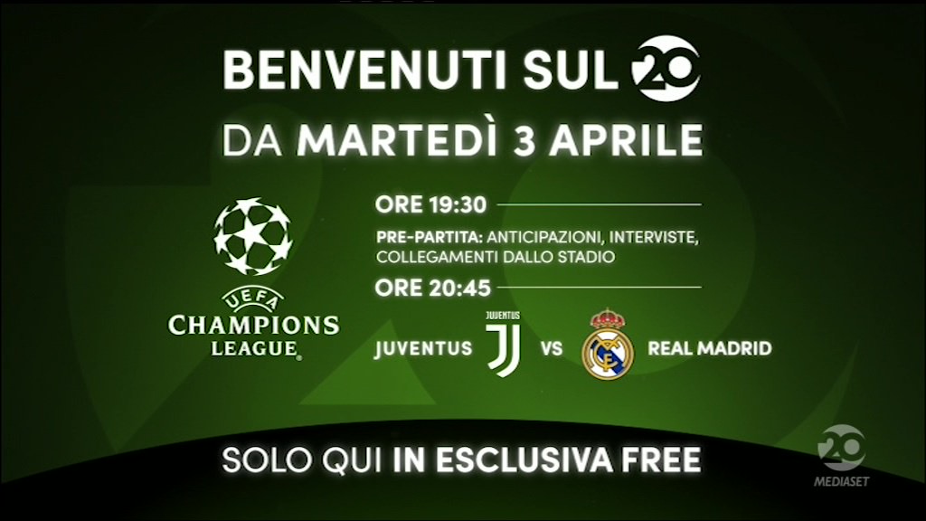 Immagine di Ufficiale! Mediaset VENTI parte il 3 Aprile con la diretta Juventus - Real Madrid - Scopri di più su Televisione