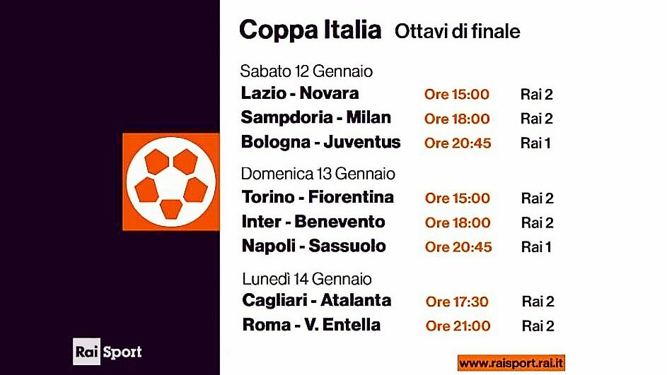Visualizza: Rai Sport, Coppa Italia Tim Cup 2018/2019 Ottavi - Programma e Telecronisti su Digital-News.it Immagine di Rai Sport, Coppa Italia Tim Cup 2018/2019 Ottavi - Programma e Telecronisti - Scopri di più su Sport
