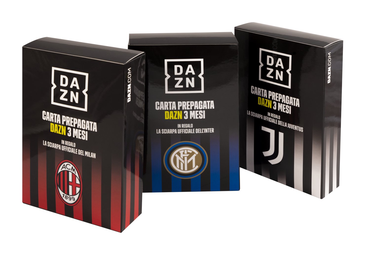 Card prepagata 3 mesi DAZN regala sciarpa di Milan, Inter o Juventus