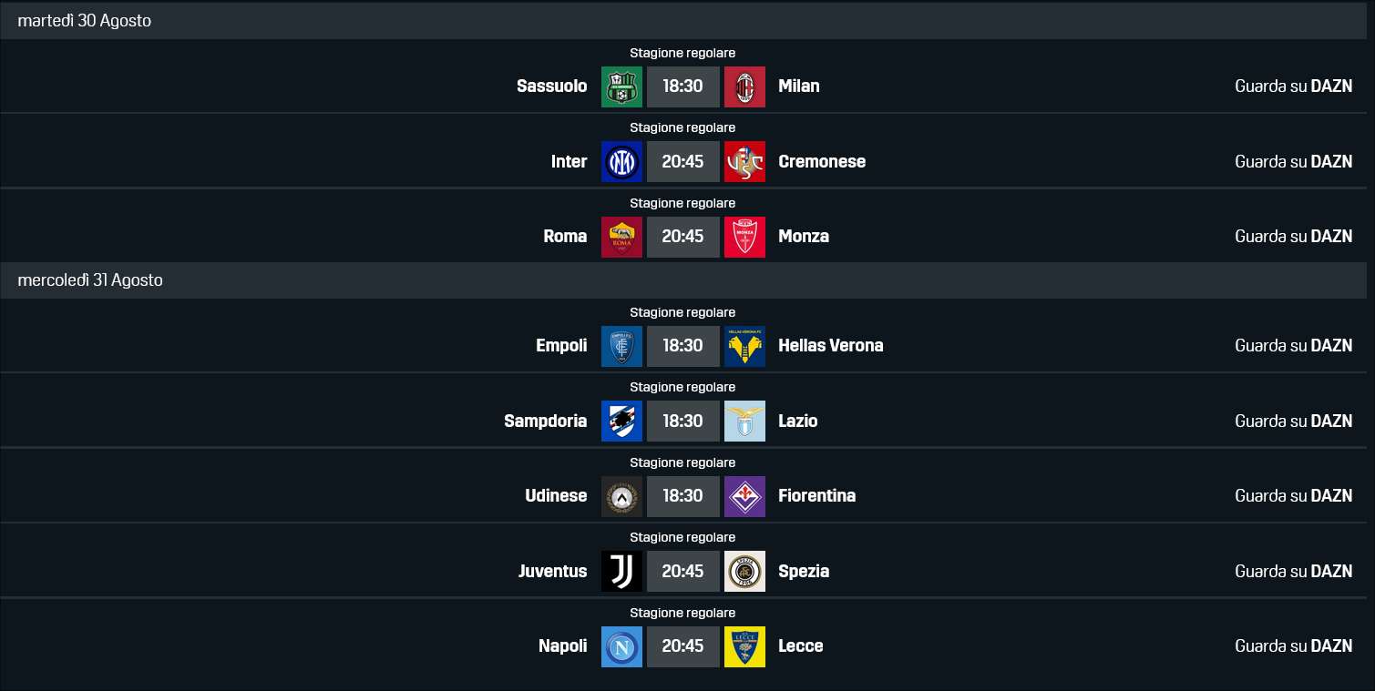 Immagine di DAZN Serie A 2022/23 4a Giornata, Palinsesto Telecronisti (dal 30 Agosto al 1 Settembre) - Scopri di più su DAZN