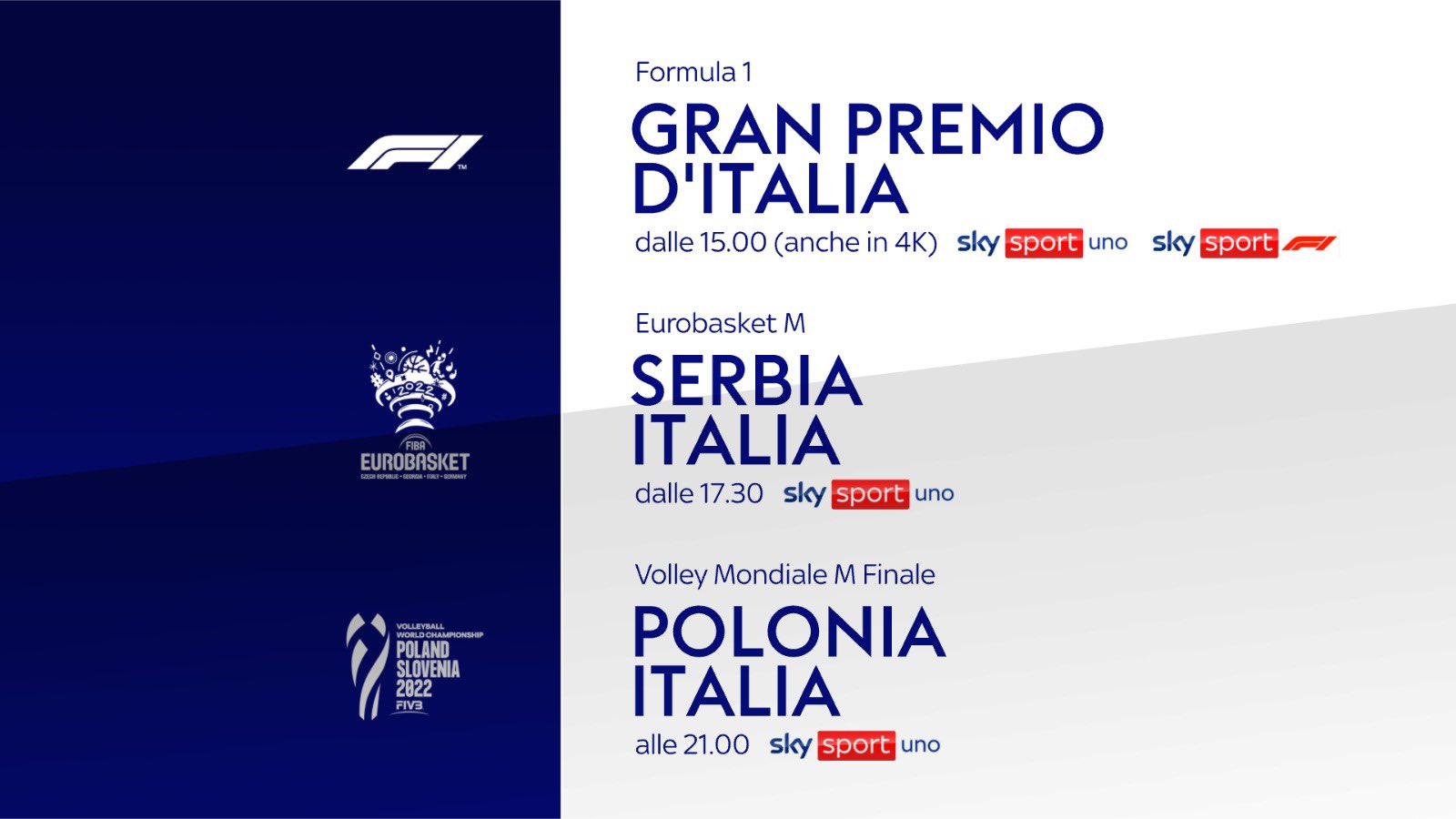 Sky Sport Sunday - Diretta F1 Monza, Eurobasket Italia-Serbia, Finale Mondiale Volley Italia-Polonia
