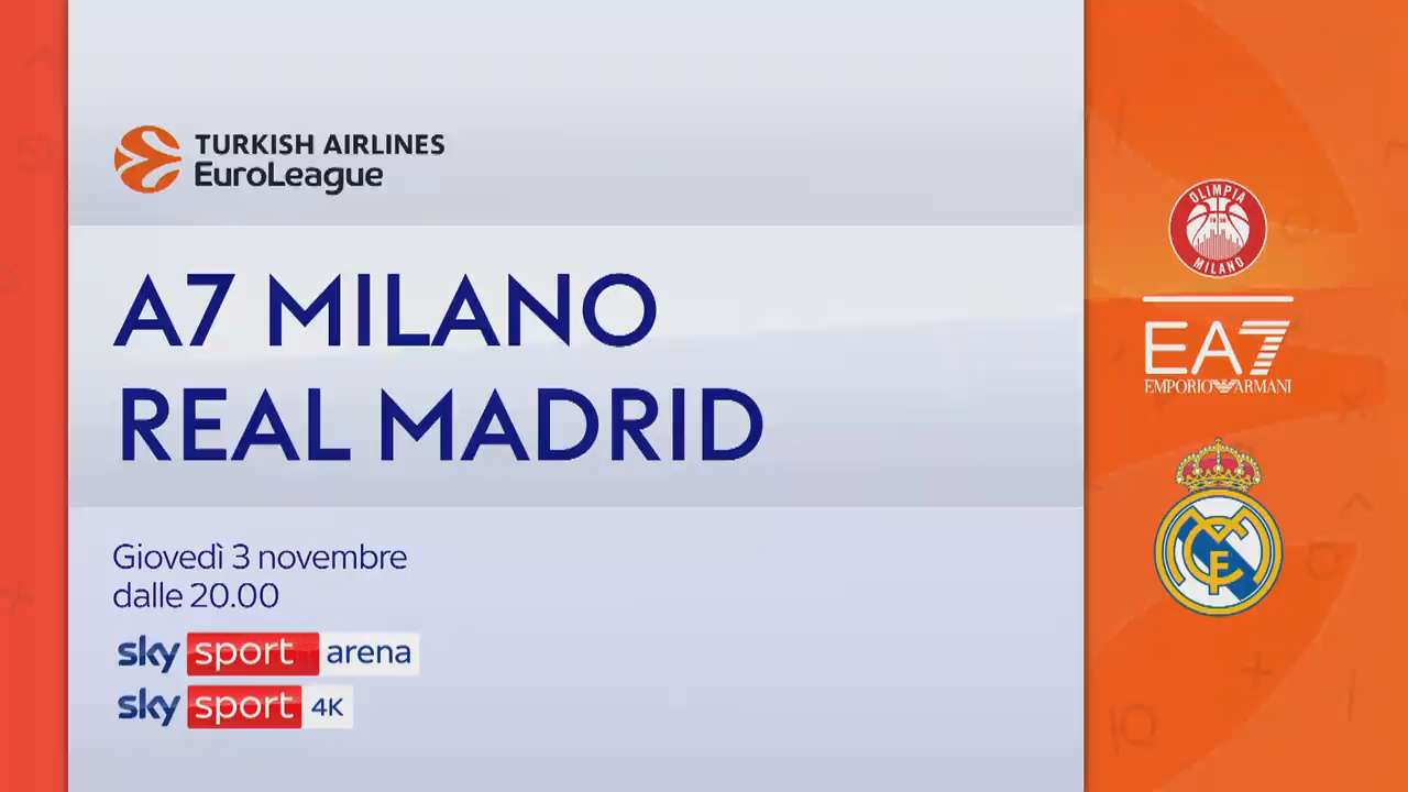 Basket EuroLega, Armani Milano-Real Madrid live anche su Sky Sport 4K 