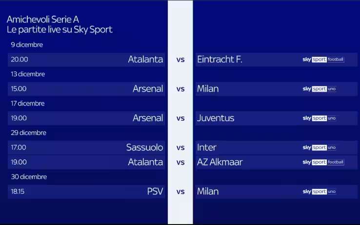 Amichevoli con Milan, Juventus, Inter e Atalanta a Dicembre su Sky Sport. Napoli in PPV
