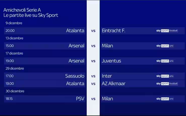 Foto - Amichevoli con Milan, Juventus, Inter e Atalanta a Dicembre su Sky Sport. Napoli in PPV