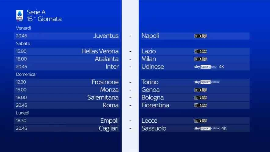 Immagine di Serie A 2023/24 - Diretta Sky e NOW 15a Giornata: Palinsesto e Telecronisti - Scopri di più su Sky Italia
