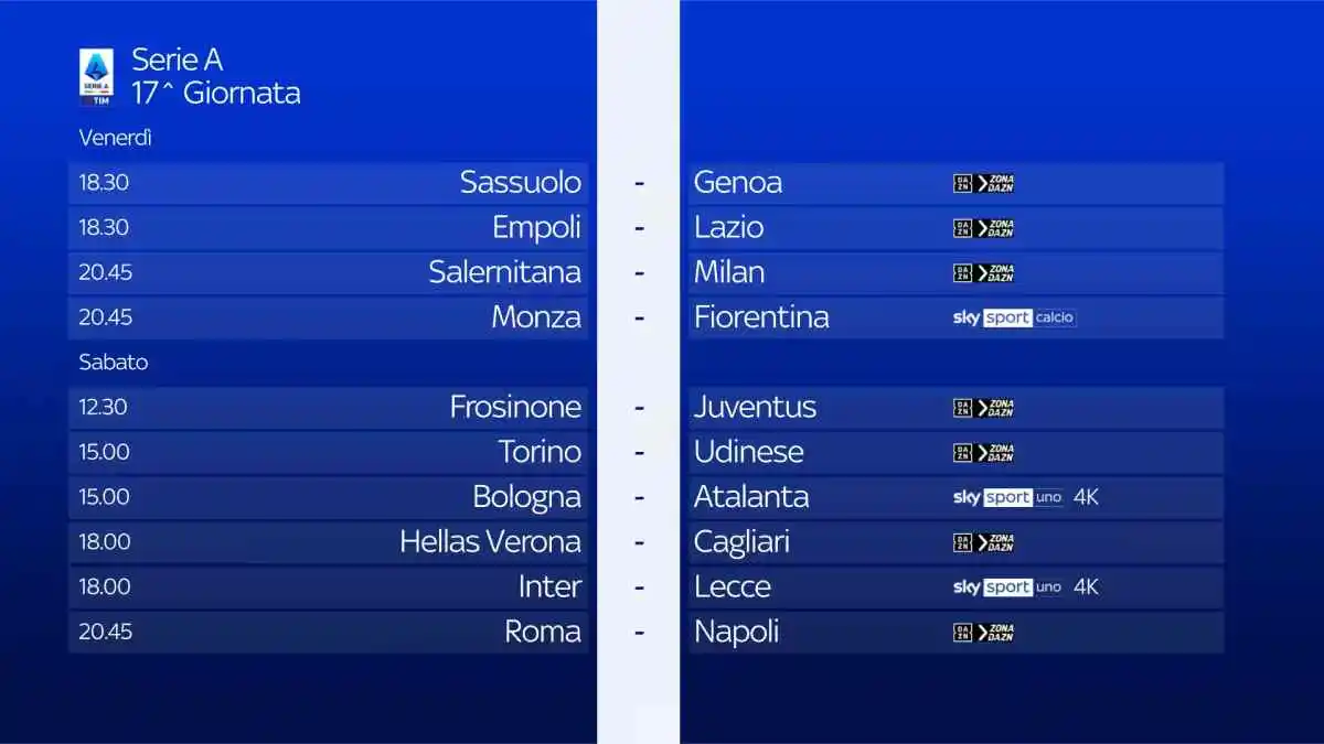 Immagine di Serie A 2023/24 - Diretta Sky e NOW 17a Giornata: Palinsesto e Telecronisti - Scopri di più su Sky Italia
