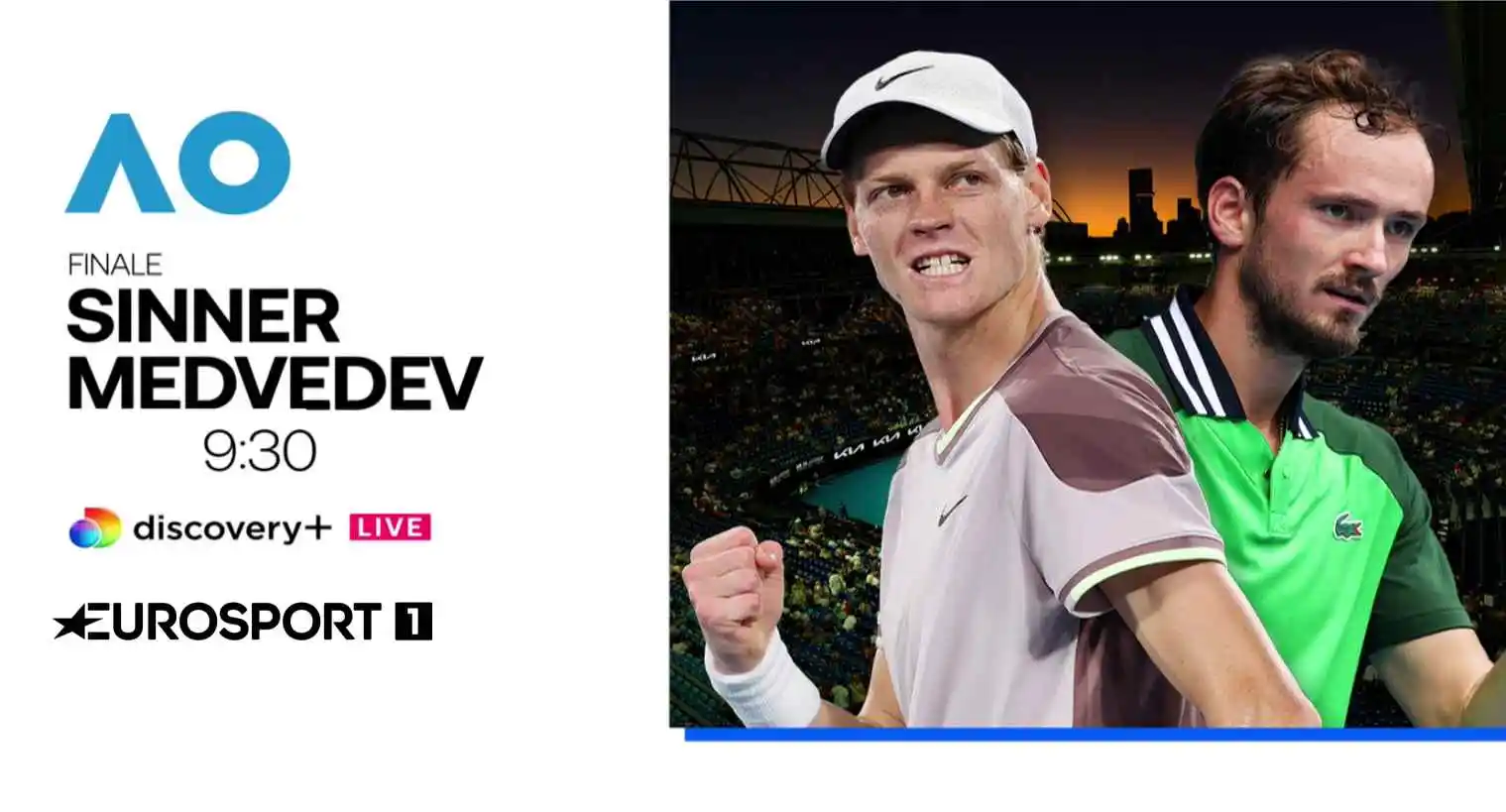 Tennis, Finale Australian Open 2024 🎾 Sinner / Medvedev, Esclusiva Eurosport 1 e Discovery+