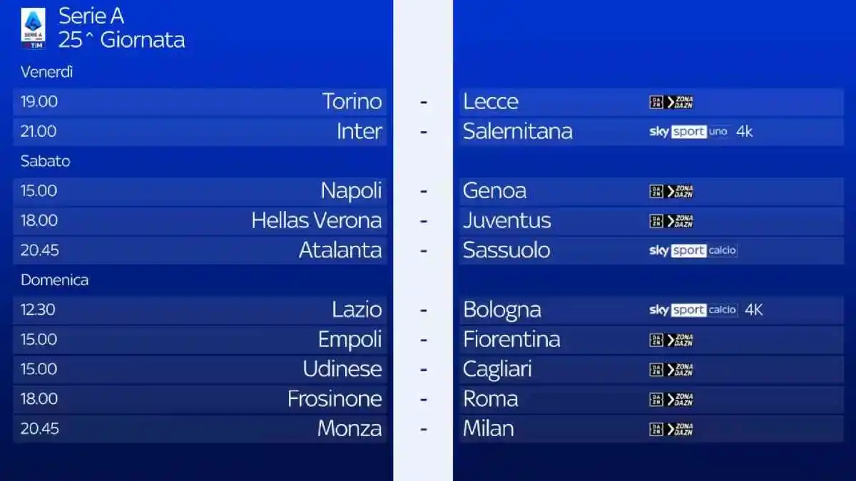 Immagine di Serie A 2023/24 - Diretta Sky e NOW 25a Giornata: Palinsesto e Telecronisti - Scopri di più su Sky Italia