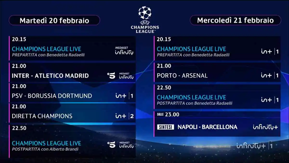 Immagine di Champions 2023/24 - Diretta Mediaset Infinity Ottavi Andata #2 (Inter - Atletico Madrid Canale 5) - Scopri di più su Sport