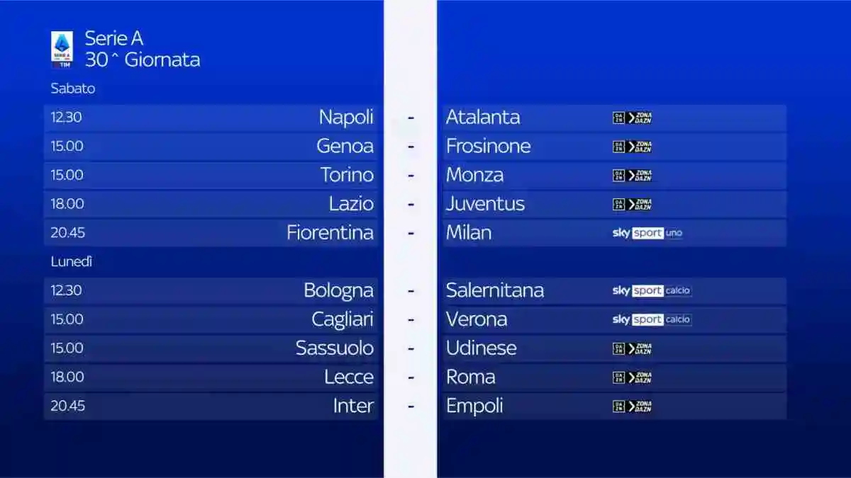 Serie A 2023/24 - Diretta Sky e NOW 30a Giornata: Palinsesto e Telecronisti