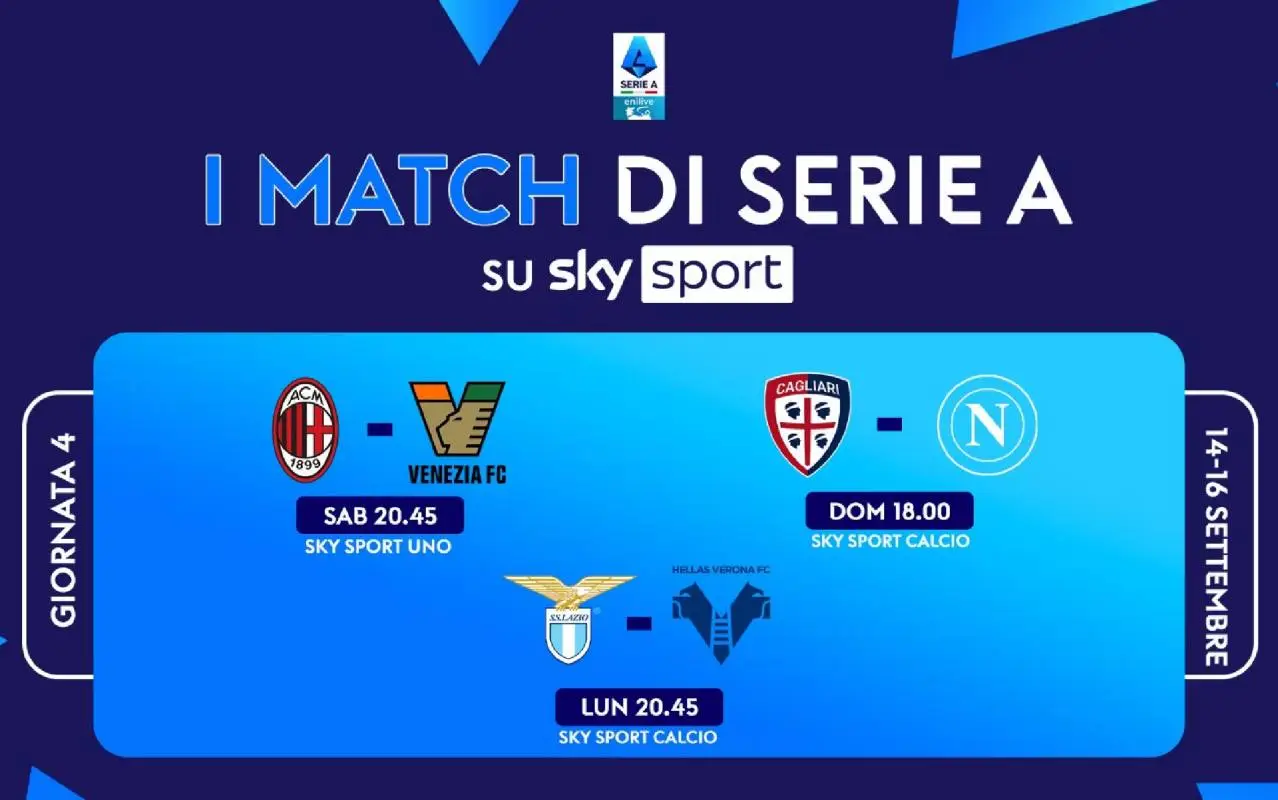 Immagine di Serie A 2024/25 - Diretta Sky e NOW 4a Giornata: Palinsesto e Telecronisti - Scopri di più su Sky Italia