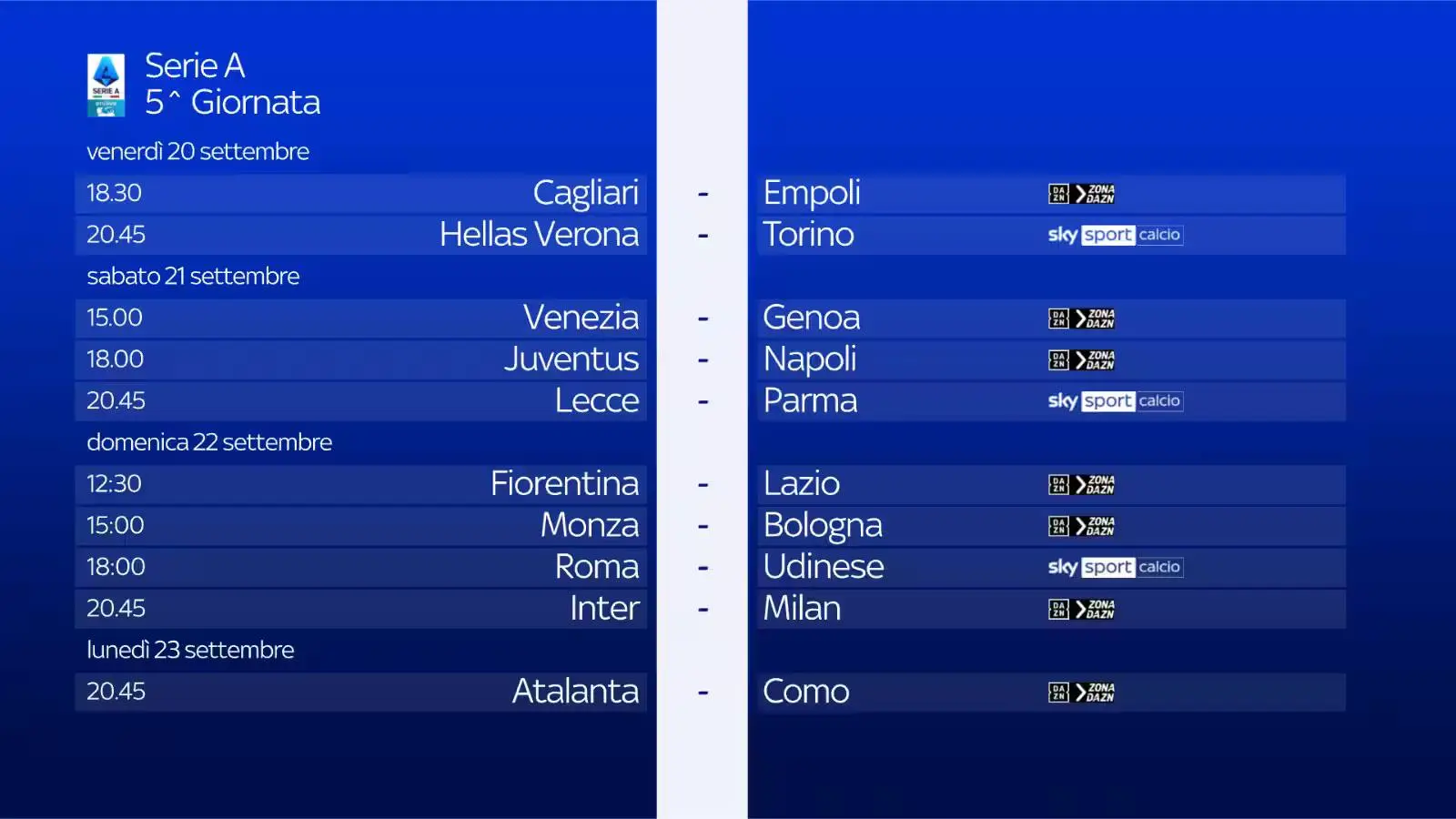 Visualizza: Serie A 2024/25 - Diretta Sky e NOW 5a Giornata: Palinsesto e Telecronisti su Digital-News.it Immagine di Serie A 2024/25 - Diretta Sky e NOW 5a Giornata: Palinsesto e Telecronisti - Scopri di più su Sky Italia