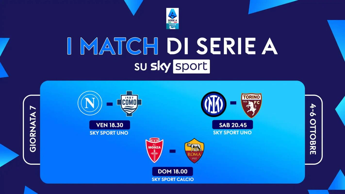 Immagine di Serie A 2024/25 - Diretta Sky e NOW 7a Giornata: Palinsesto e Telecronisti - Scopri di più su Sky Italia