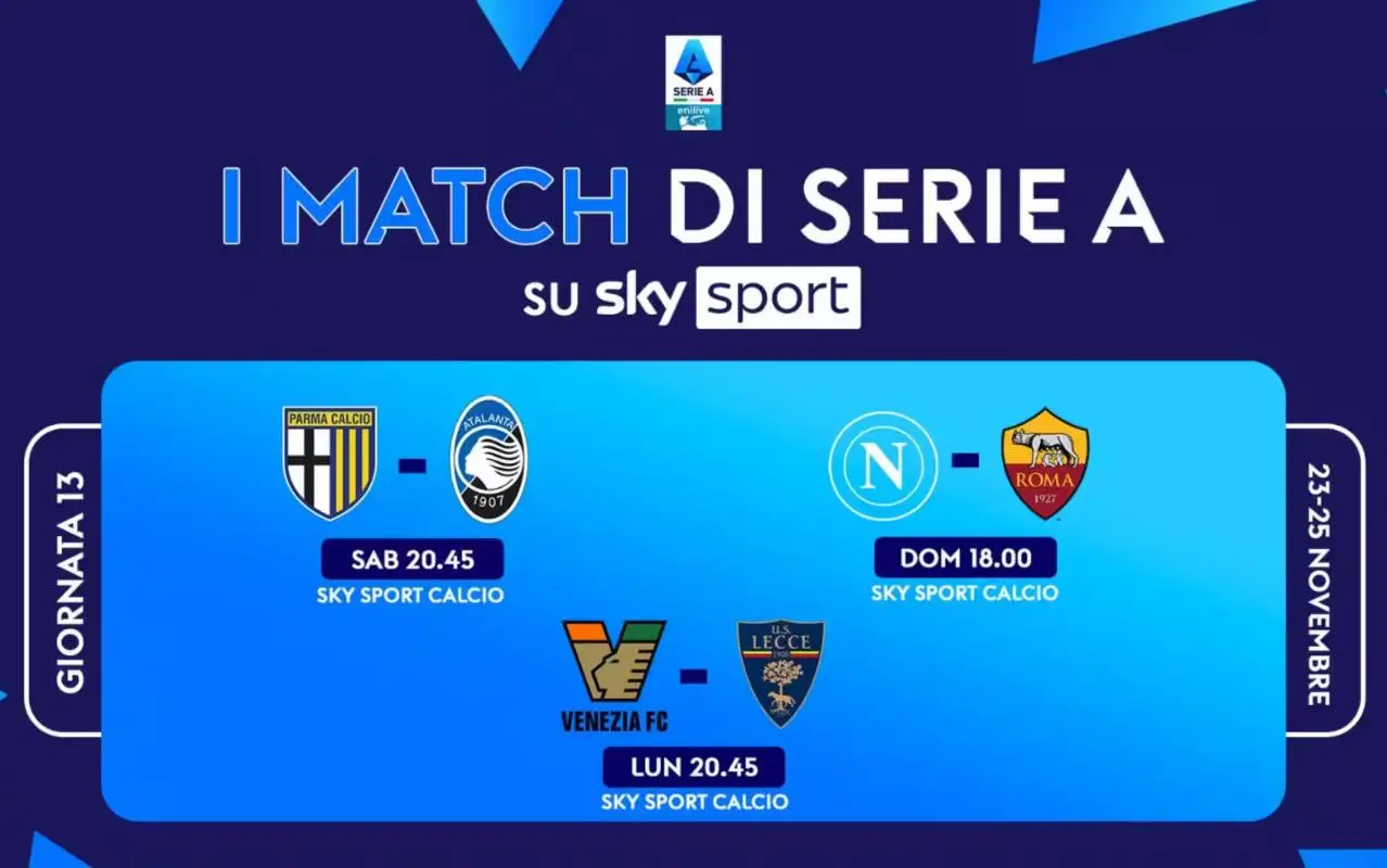 Immagine di Serie A 2024/25 - Diretta Sky e NOW 13a Giornata: Palinsesto e Telecronisti - Scopri di più su Sky Italia