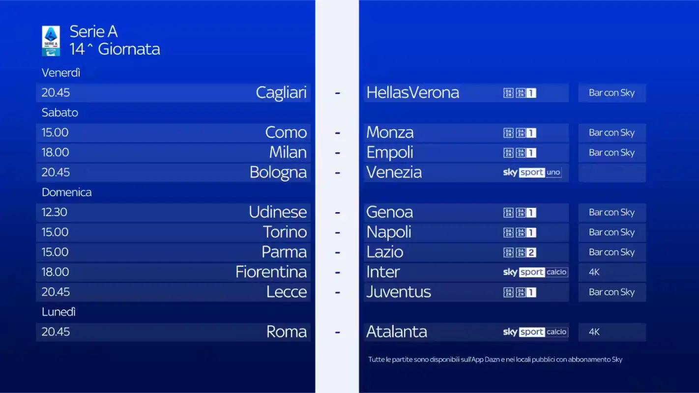 Immagine di Serie A 2024/25 - Diretta Sky e NOW 14a Giornata: Palinsesto e Telecronisti - Scopri di più su Sky Italia