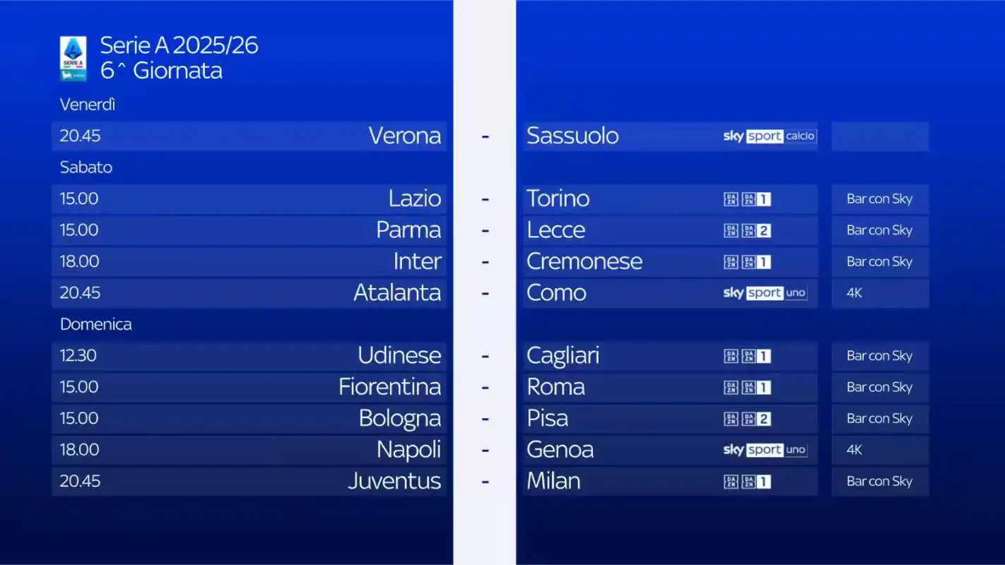 serie a 2025 26 diretta sky sport e now 6a giornata palinsesto e telecronisti