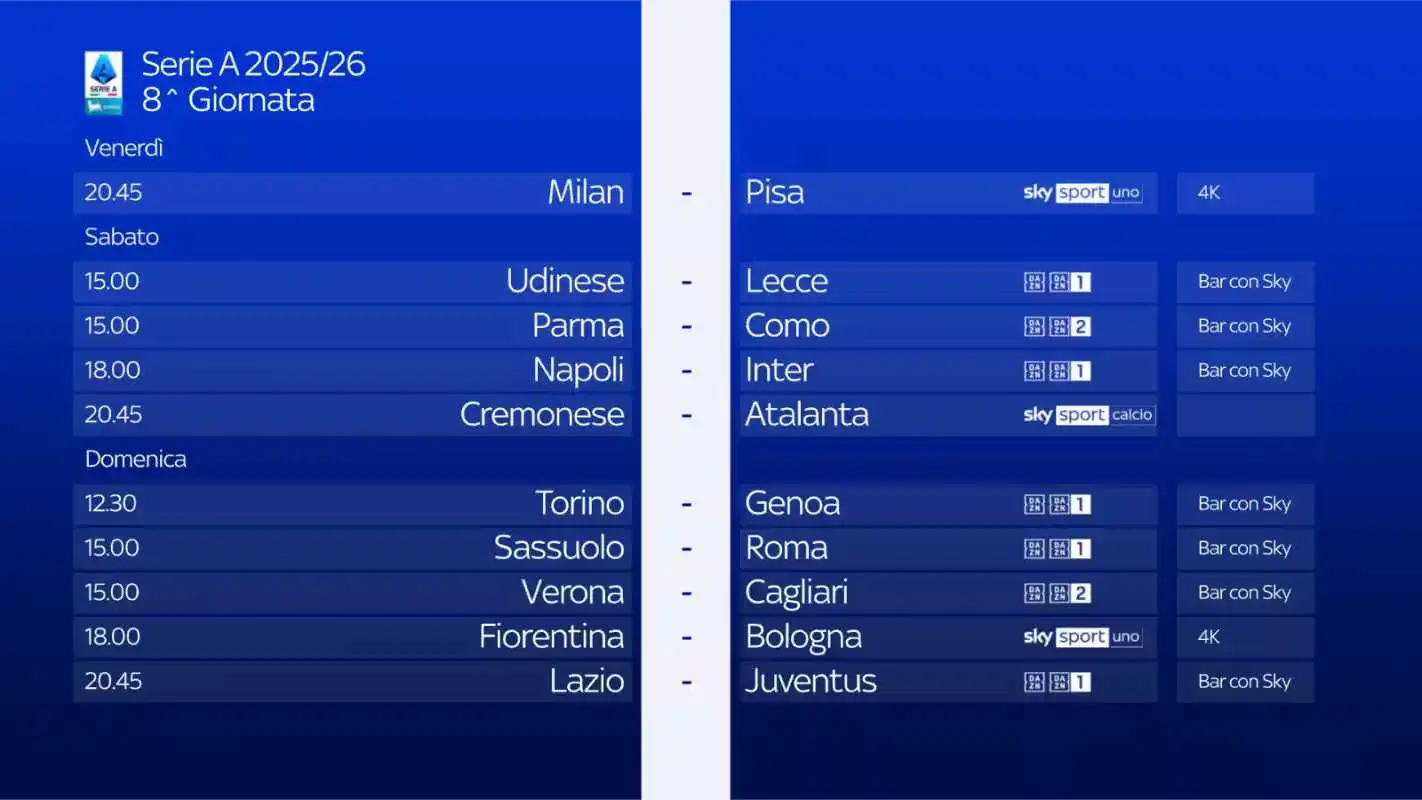 Visualizza: Serie A 2025/26 - Diretta Sky Sport e NOW 8a Giornata - Palinsesto e Telecronisti su Digital-News.it Immagine di Serie A 2025/26 - Diretta Sky Sport e NOW 8a Giornata - Palinsesto e Telecronisti - Scopri di più su Sky Italia