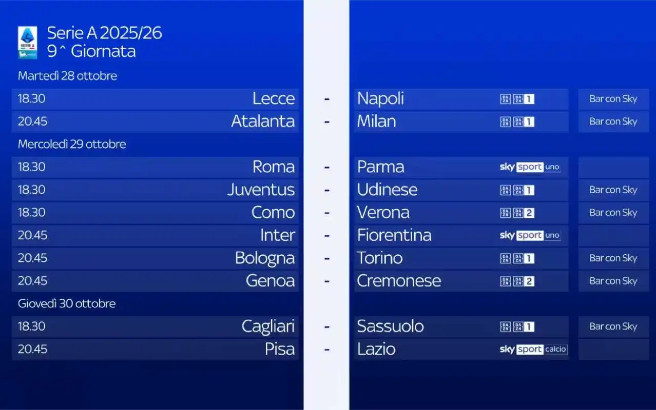 Serie A 2025/26   Diretta Sky Sport e NOW 9a Giornata   Palinsesto e Telecronisti Serie A 2025/26   Diretta Sky Sport e NOW 9a Giornata   Palinsesto e Telecronisti
